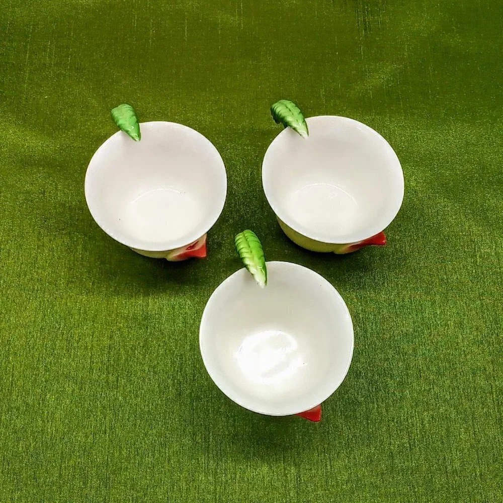 White Porcelain Cups Applied Green Frog & Flower (3)